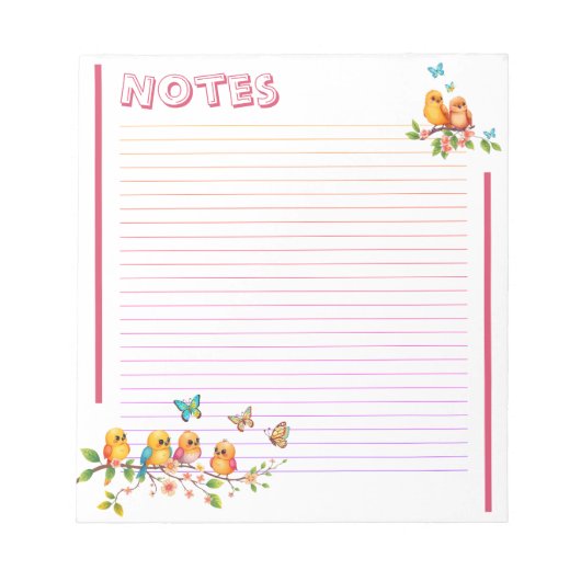 Sweet Chirpy Yellow Birds & Butterflies Lined Notizblock (Vorderseite)