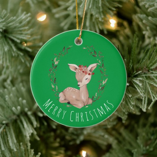 Sweet Christmas Fawn Wreath Keramik Ornament (Baum)