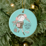 Sweet Christmas Wünsche Keramik Ornament<br><div class="desc">Whimsikale und handgezeichnete Illustration des im Winter ausgestattenen Mädchens,  das Weihnachtsgeschenk mit sich trägt,  mit ihrem Hund spazieren geht und kurvige "Sweet Christmas Wishings" Text. Licht Aqua blauer Hintergrund.</div>