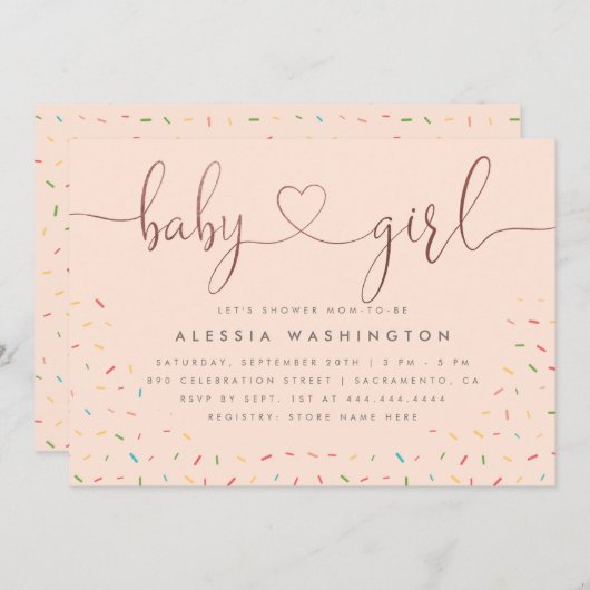 Sweet Colorful Sprinkle Rose Gold Girl Baby Dusche Einladung (Vorne/Hinten)