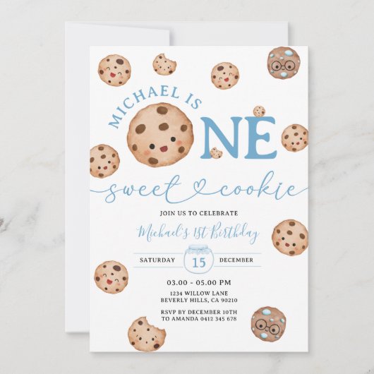 Sweet Cookie Boy First Birthday Blue Gingham Jar Einladung (Vorderseite)