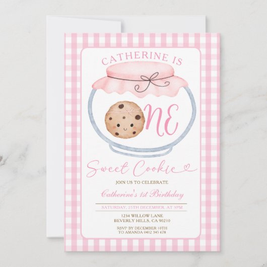 Sweet Cookie Girl First Birthday Pink Gingham Jar Einladung (Vorderseite)