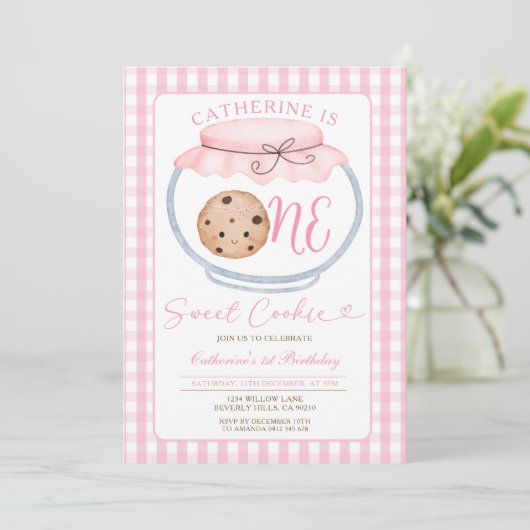 Sweet Cookie Girl First Birthday Pink Gingham Jar Einladung (Stehend Vorderseite)