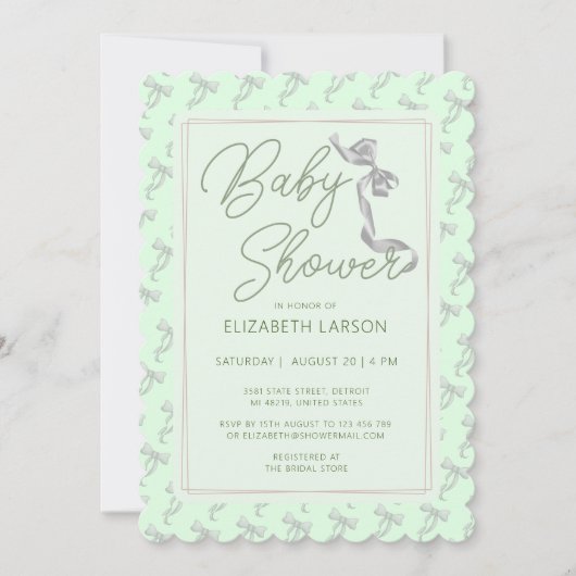 Sweet Coquette Green Bow Krawatte Elegante Babydus Einladung (Vorderseite)
