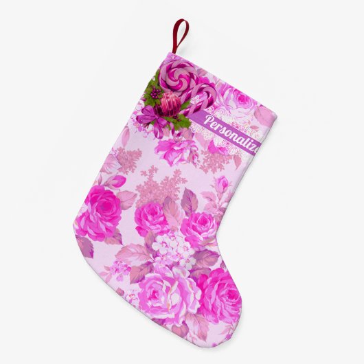 Sweet Cosy Hütte Pink und Lila Weihnachten Kleiner Weihnachtsstrumpf (Vorderansicht (hängend))