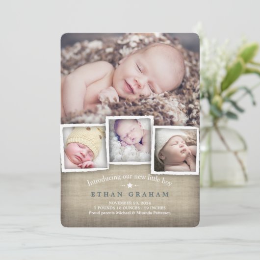 Sweet Country Burlap Baby Boy Geburtsankündigung Ankündigung (Stehend Vorderseite)