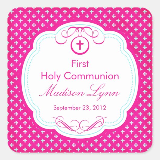 Sweet Cross in Frame First Heilige Kommunion Pink Quadratischer Aufkleber (Vorderseite)