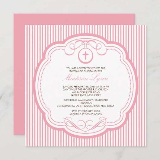 Sweet Cross Pink Baby Girl Taufe Einladung (Vorne/Hinten)