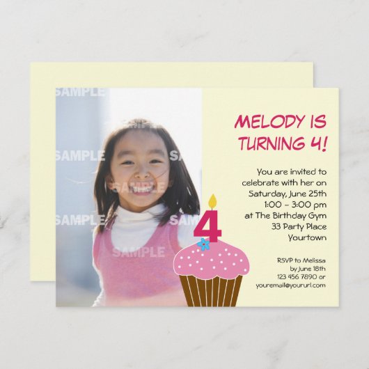 Sweet Cupcake 4. Geburtstag Party Einladung (Vorne/Hinten)