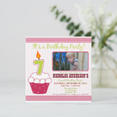 Sweet Cupcake 7. Geburtstagsparty Einladung Rosa (Stehend Vorderseite)
