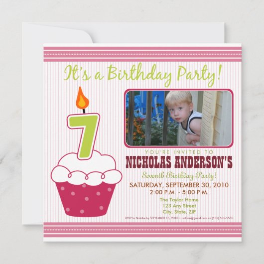Sweet Cupcake 7. Geburtstagsparty Einladung Rosa (Vorderseite)