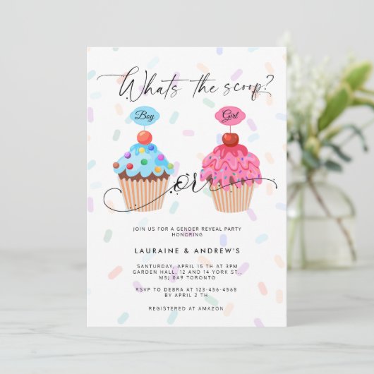 Sweet Cupcake Gender Reveal Party Einladung (Stehend Vorderseite)