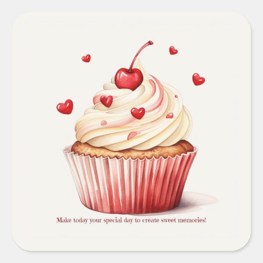 Sweet Cupcake Red Hearts Valentine's Day Card Quadratischer Aufkleber (Vorderseite)