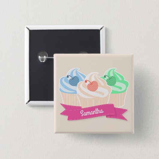 Sweet Cupcake Trio Personalisiert Pink Button (Vorne & Hinten)