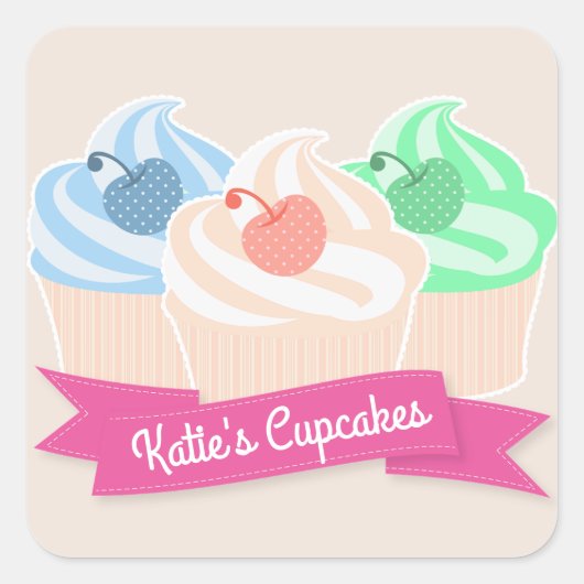 Sweet Cupcake Trio Personalisiert Pink Quadratischer Aufkleber (Vorderseite)