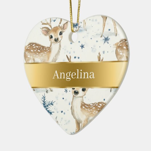 Sweet Deer Snowflakes Gold Ribbon Christmas Keramik Ornament (Links)