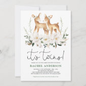 Sweet Deer Twins Baby Dusche Elfenbein Blumengrün Einladung (Vorderseite)