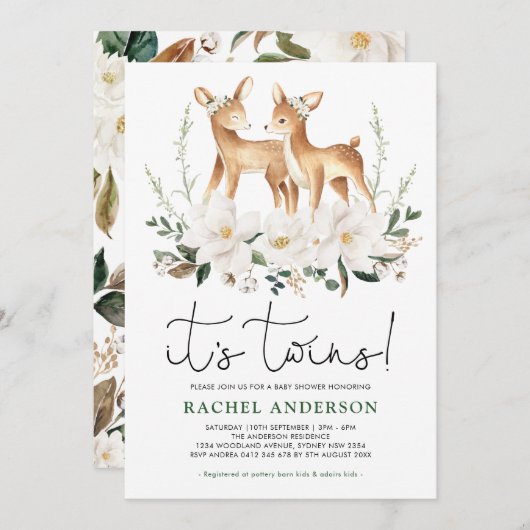 Sweet Deer Twins Baby Dusche Elfenbein Blumengrün Einladung (Vorne/Hinten)
