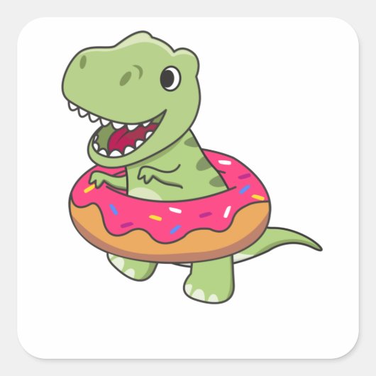 Sweet Dino T-Rex lustige Tiere in Donut Rosa Quadratischer Aufkleber (Vorderseite)