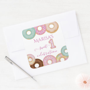 Sweet Donut Birthday   Party für farbige Kinder - Quadratischer Aufkleber