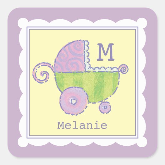 Sweet Dreams Baby Carriage Lavendel Mit Monogramm Quadratischer Aufkleber (Vorderseite)