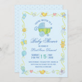 Sweet Dreams Carriage Blue Baby Dusche Einladung (Vorne/Hinten)