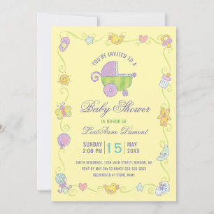 Sweet Dreams Carriage Yellow Baby Dusche Einladung