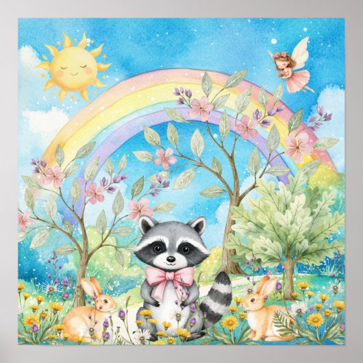 Sweet Dreams Rainbow Raccoon & Rabbits Nursery  Poster (Vorne)