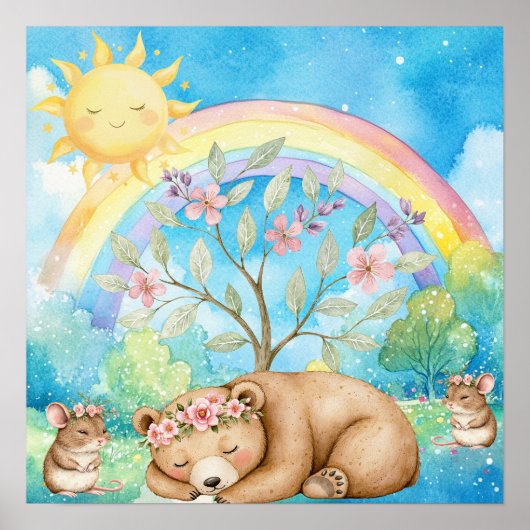 Sweet Dreams Rainbow Sleepy Bear & Mice Nursery  Poster (Vorne)