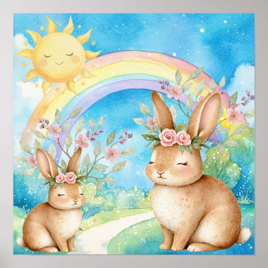 Sweet Dreams Rainbow Sleepy Rabbits Nursery  Poster (Vorne)