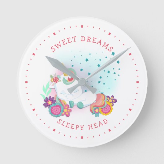 Sweet Dreams Sleepy Head Einhorn Rosa Weiße Minute Runde Wanduhr (Vorderseite)