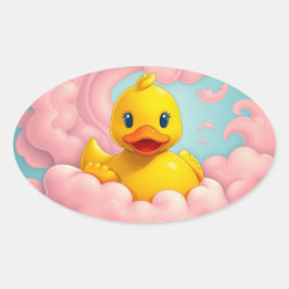 Sweet Duckling on Pink Clouds Birthday  Ovaler Aufkleber
