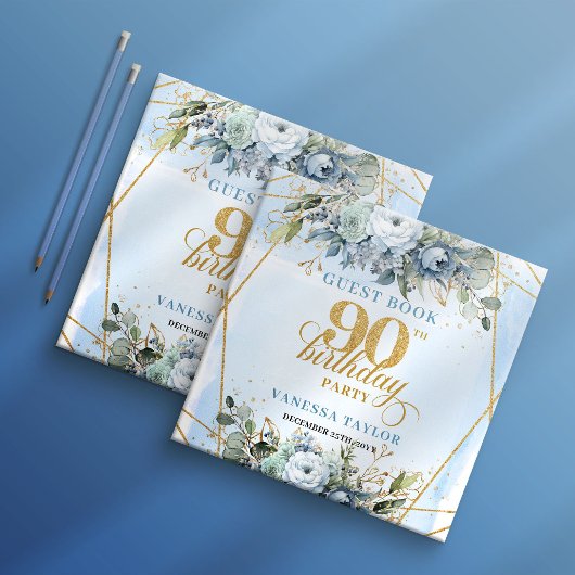 Sweet Dusty Blue Floral Frame 90Birthday Sign In Gästebuch