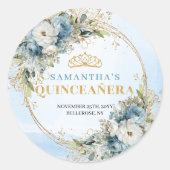 Sweet Dusty Blue Gold Greenery Quinceañera Party Runder Aufkleber (Vorderseite)