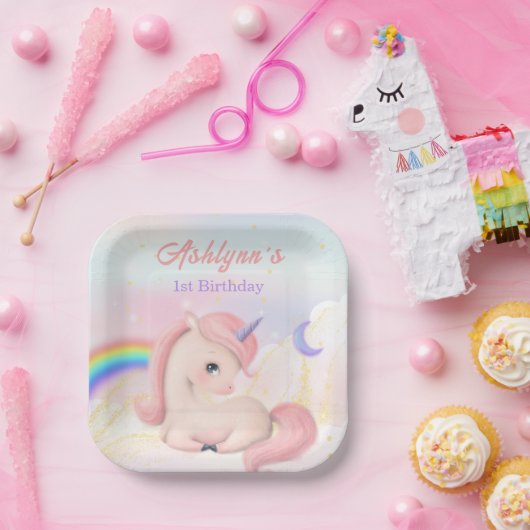 Sweet Elegant Cute Pink Watercolour Unicorn square Pappteller (Party)
