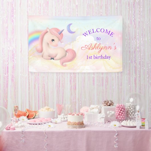 Sweet Elegant Pink Unicorn Rainbow Birthday Banner (Party)