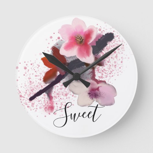 ‚SWEET‘ | Eleganter Chic Pink Cherry Blossom Runde Wanduhr (Vorderseite)