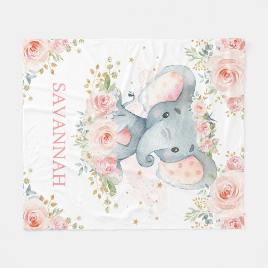 Sweet Elephant Blush Pink Bloral Jungle Baby Girl Fleecedecke (Vorderseite (Horizontal))