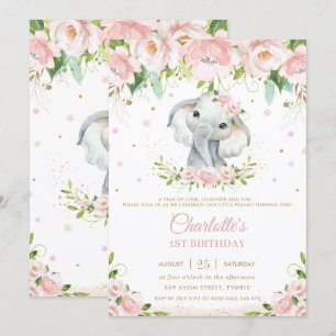 Sweet Elephant Blush Pink Floral Gold 1 Geburtstag Einladung