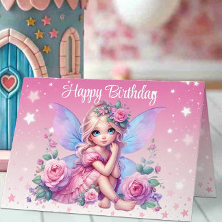 Sweet Fairy Child mit rosa Roses Happy Birthday Karte