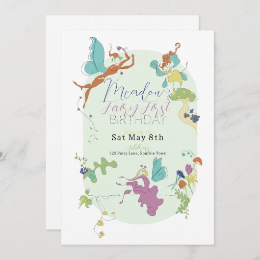 Sweet Fairy First Birthday Einladung (Vorne/Hinten)
