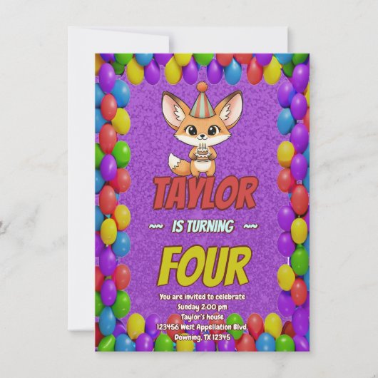 Sweet Fennec Fox 4th Birthday Invitation Einladung (Vorderseite)