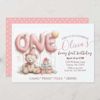 Sweet First Birthday Invitation with Teddy Bear Einladung