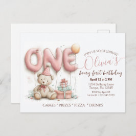 Sweet First Birthday Invitation with Teddy Bear  Postkarte