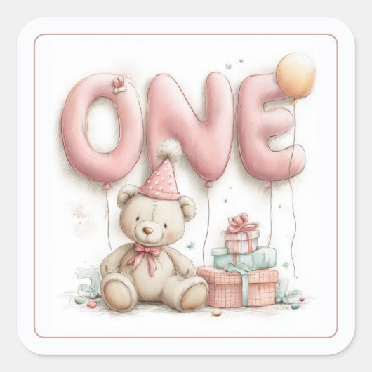 Sweet First Birthday Sticker with Teddy Bear  (Vorderseite)