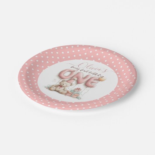 Sweet First Birthday with Teddy Bear  Pappteller (Schrägansicht)