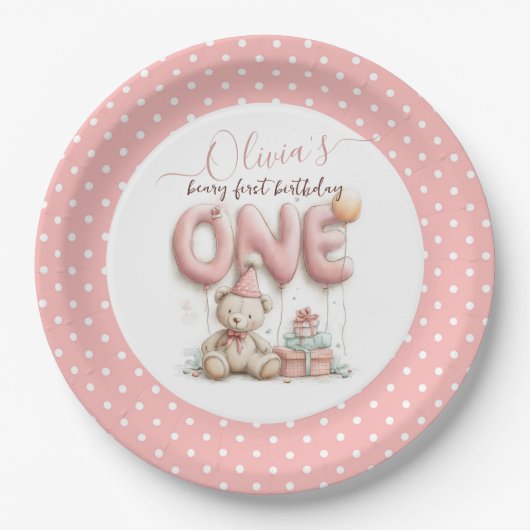 Sweet First Birthday with Teddy Bear Pappteller (Vorderseite)