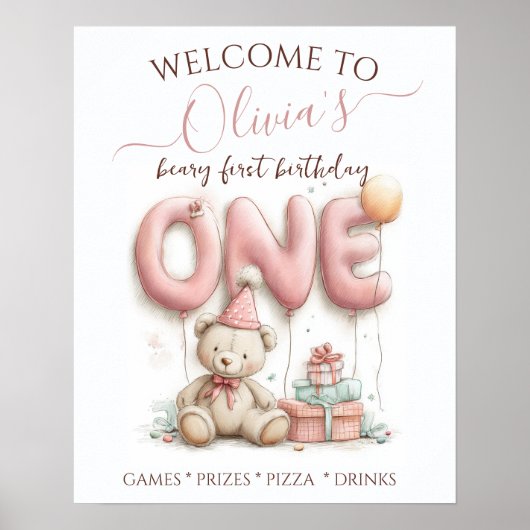 Sweet First Birthday with Teddy Bear Poster (Vorne)