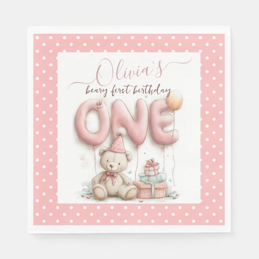 Sweet First Birthday with Teddy Bear Serviette (Vorderseite)