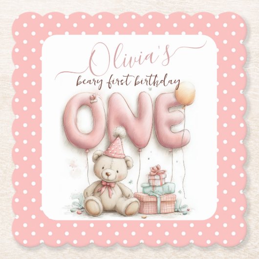 Sweet First Birthday with Teddy Bear Untersetzer (Vorderseite)